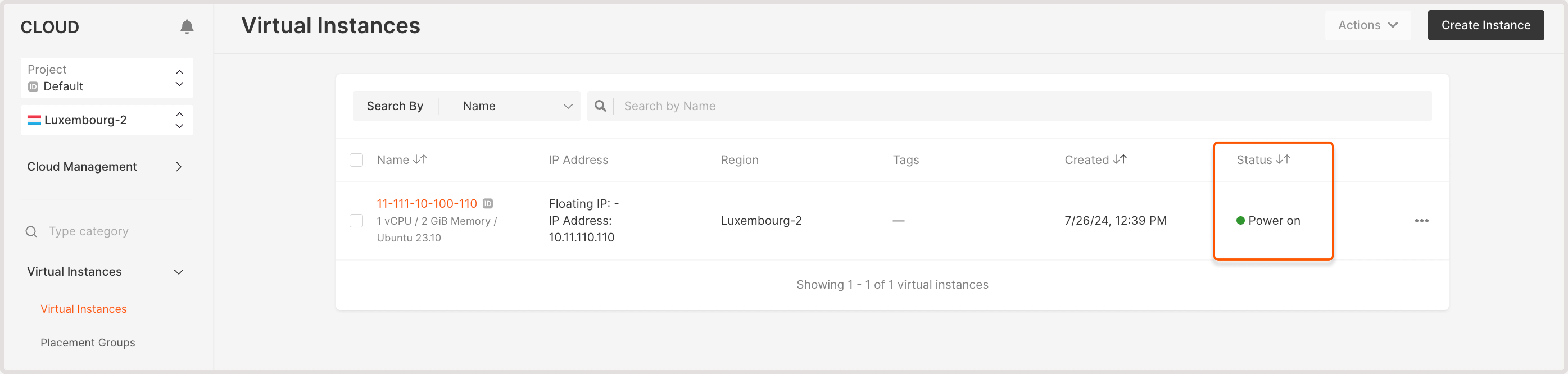 VM status column with the Power on status displayed