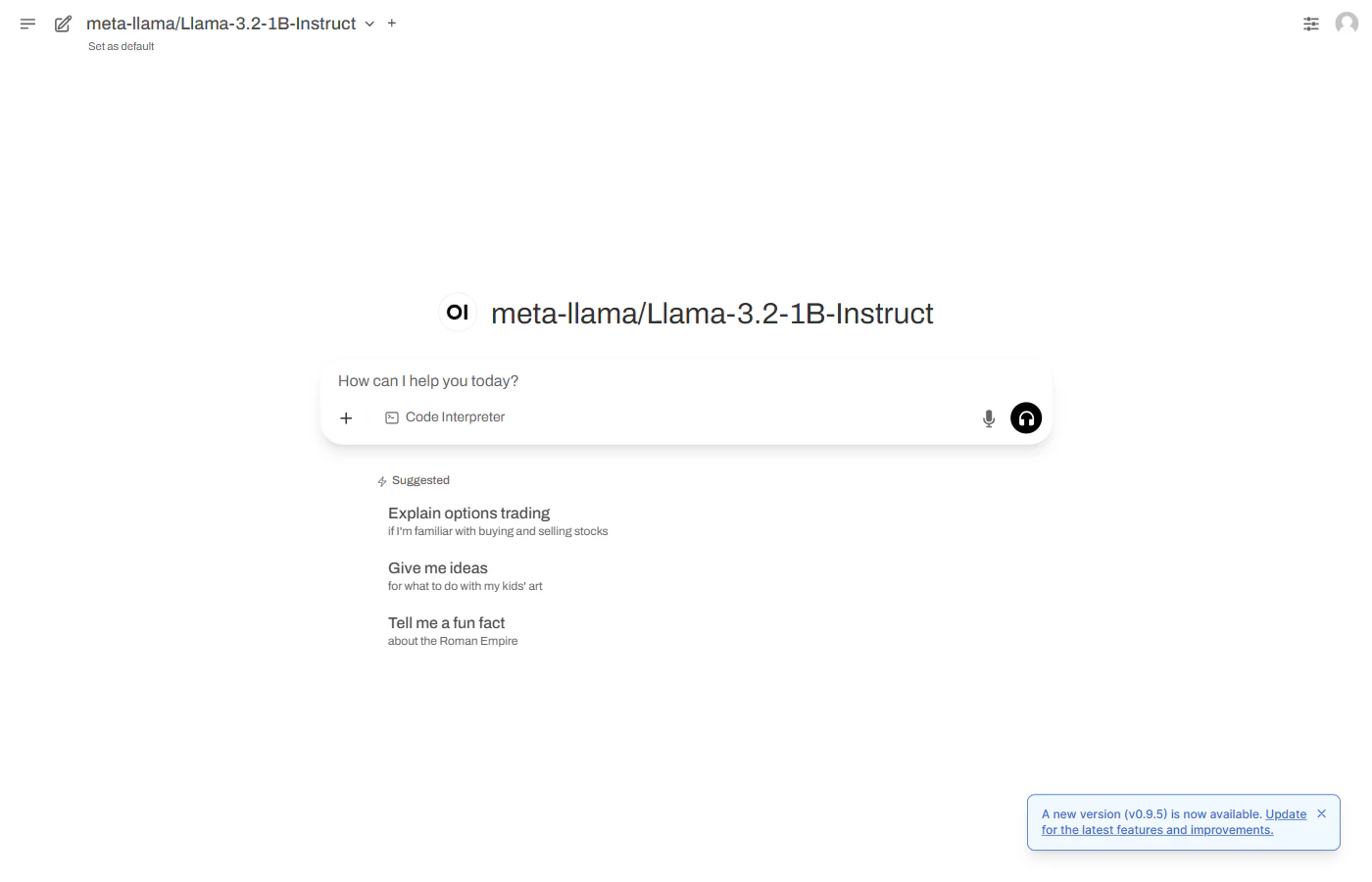 Open WebUI chat interface with model loaded