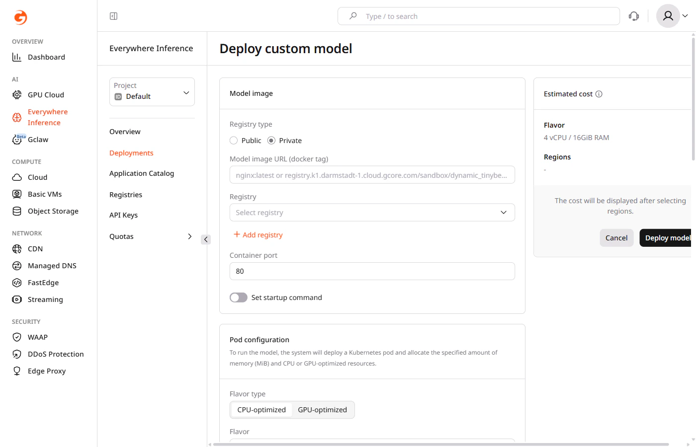 Deploy custom model form with Private registry type selected and Registry dropdown showing docs-test-registry