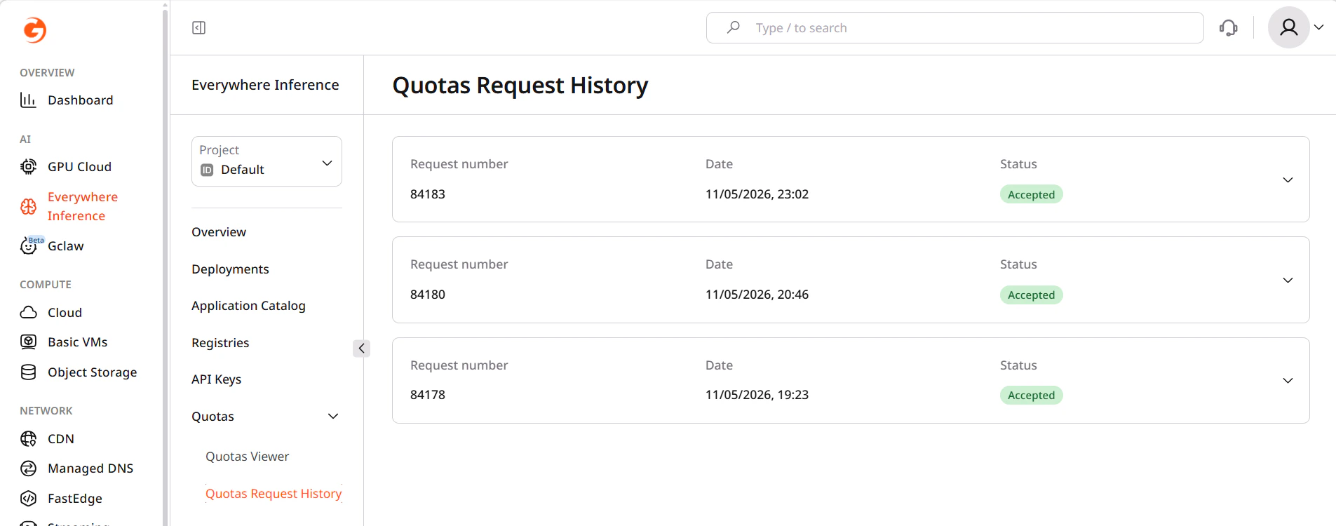 Quotas Request History page