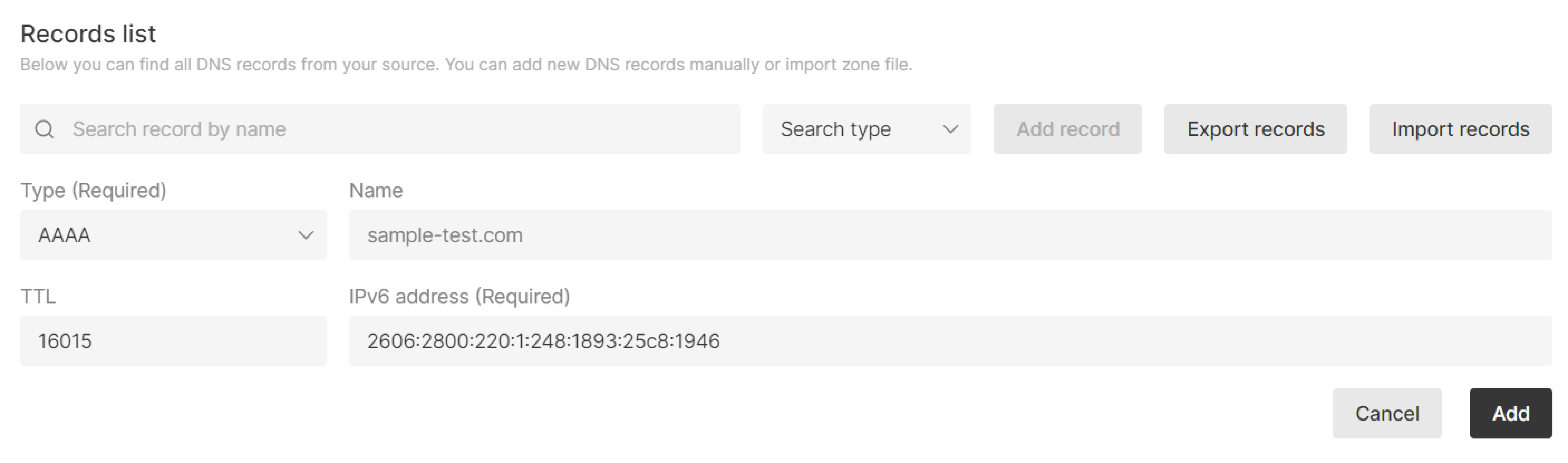 Example of adding an AAAA record