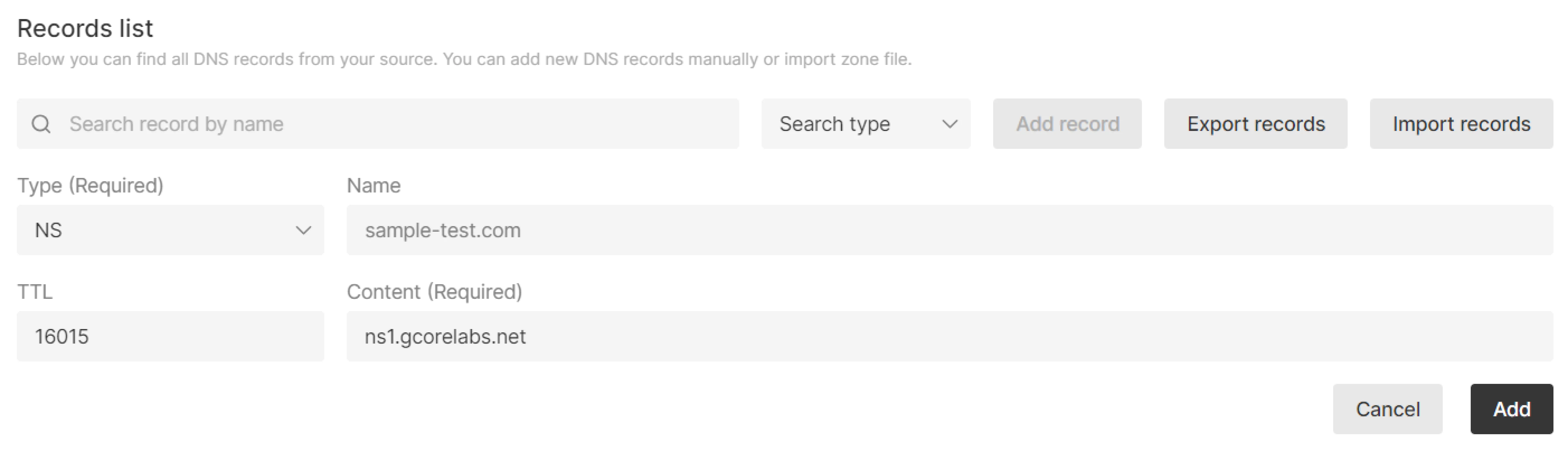 Example of adding an NS record