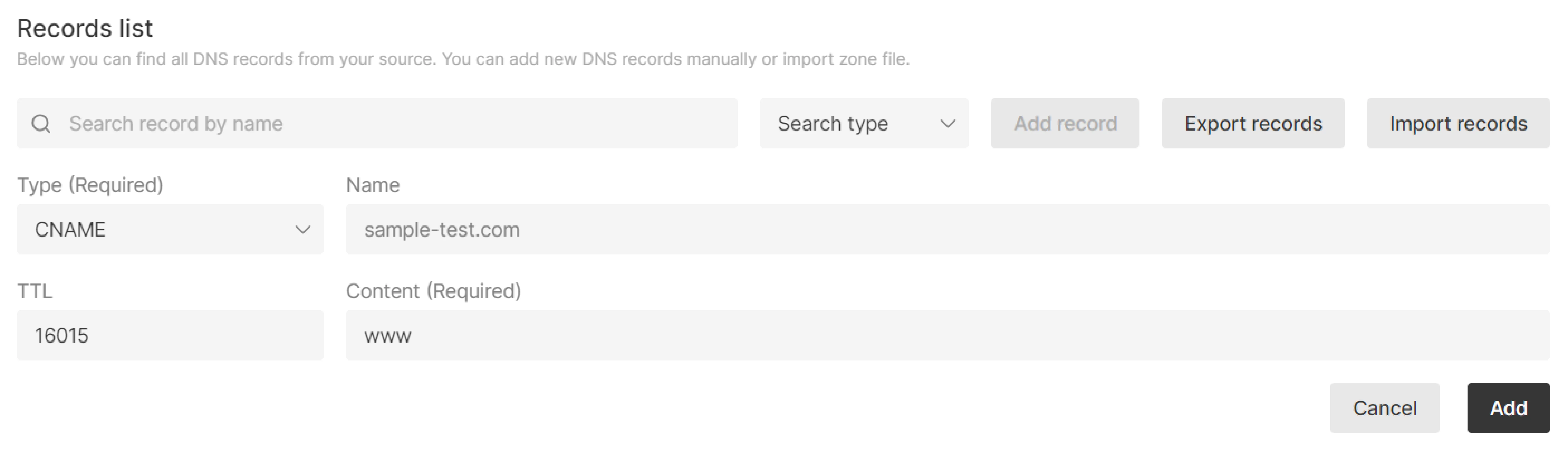 Example of adding an CNAME record