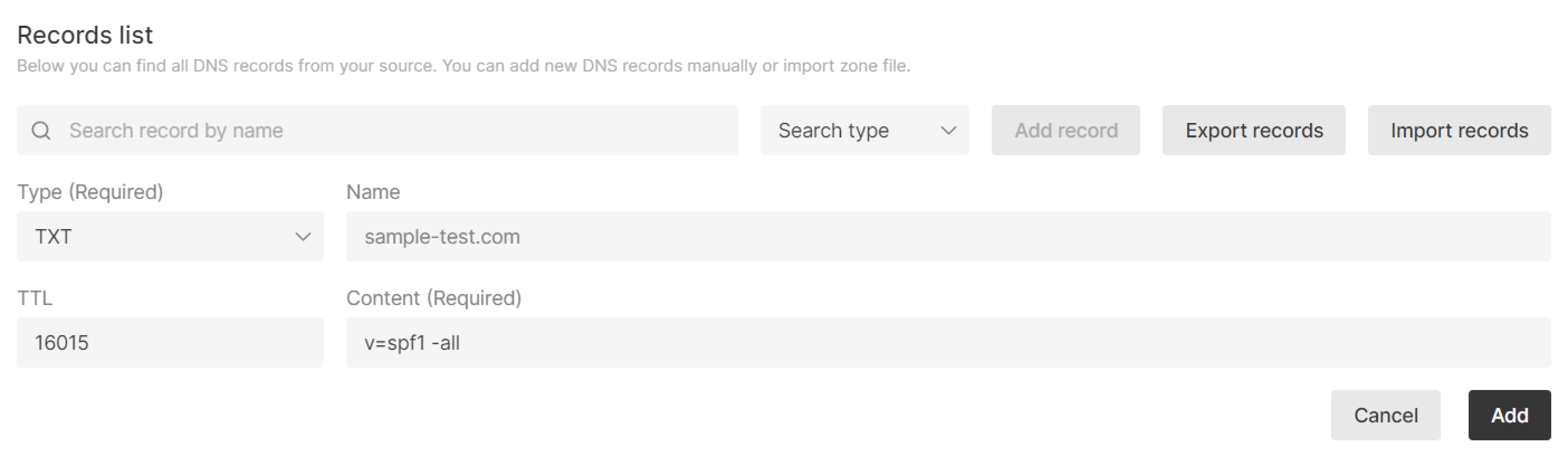 Example of adding a TXT record