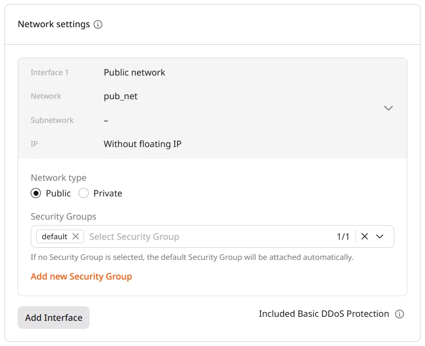 Security Groups field with default group selected per interface