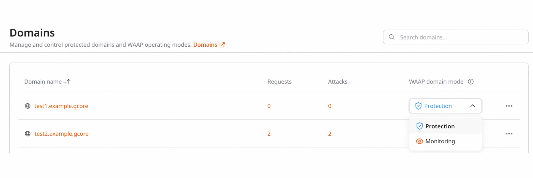 WAAP modes dropdown on Domains page