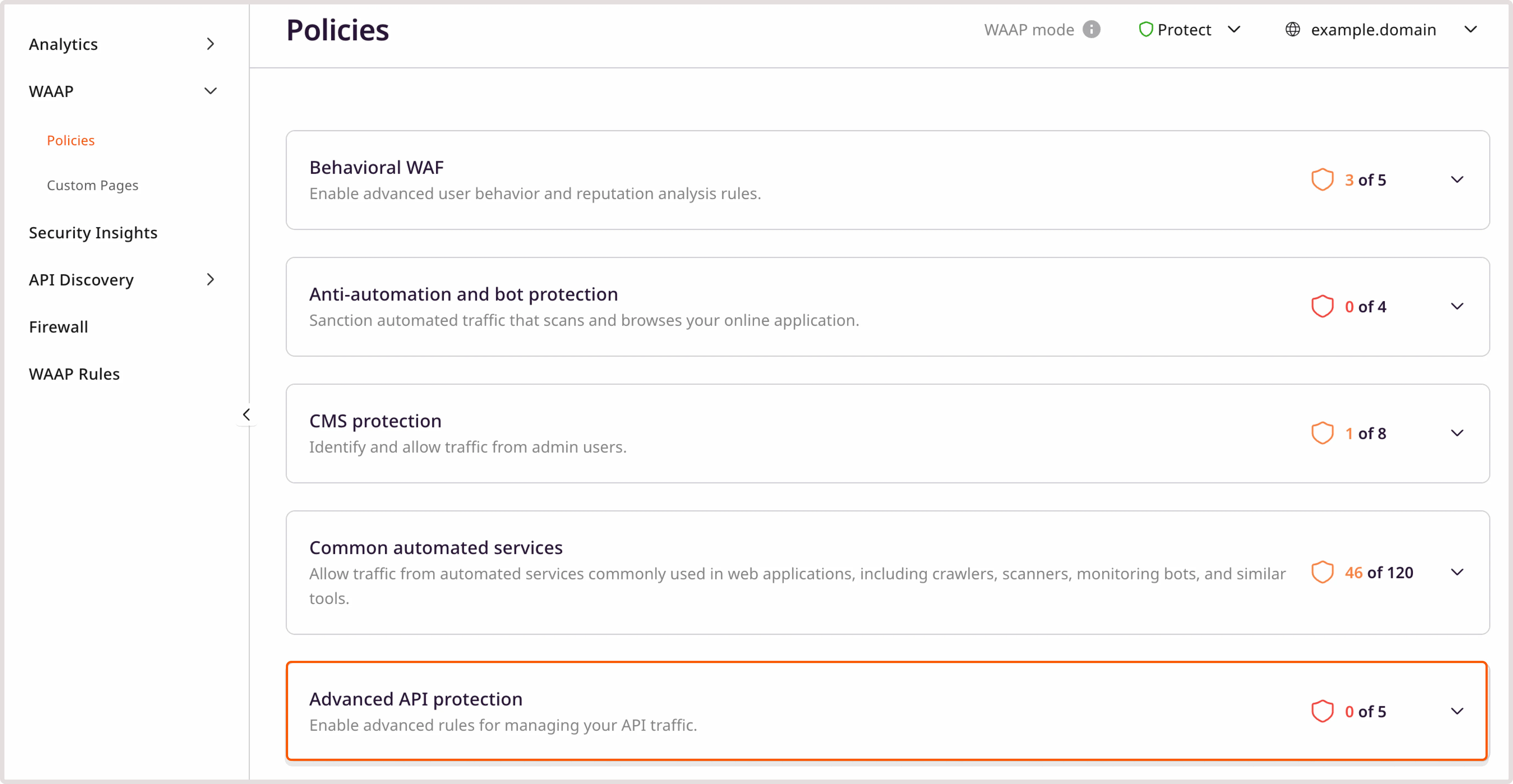 WAAP policies page with the highlighted advanced AIP protection policy