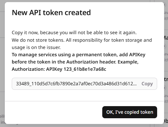 New API token created dialog