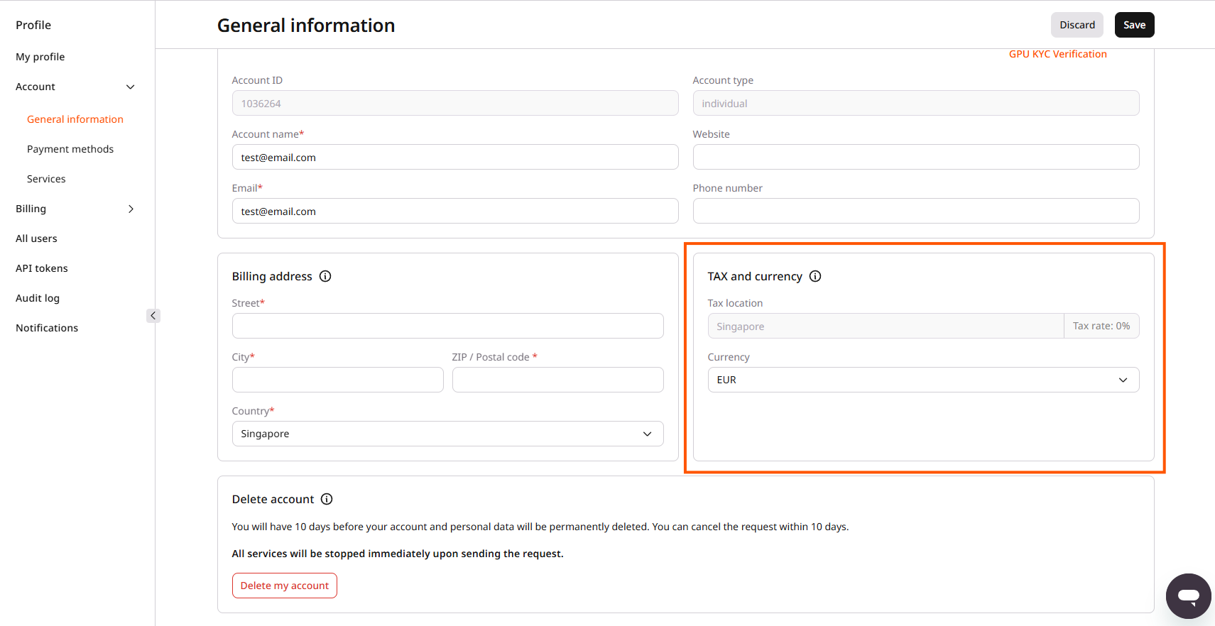 Tax and currency section on the General information page