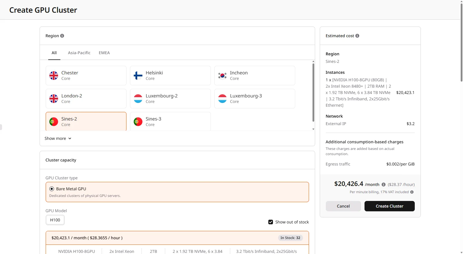 GPU Cloud create cluster page showing region selection, cluster type, and GPU configuration options