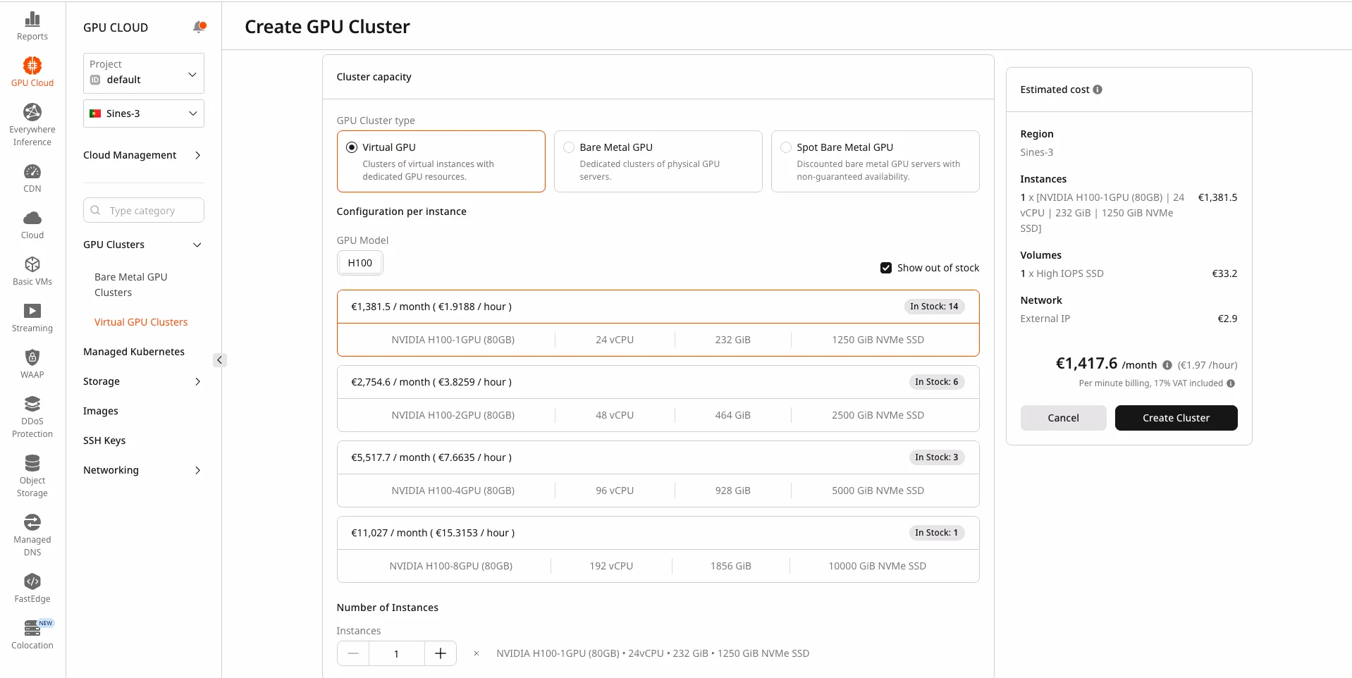 Cluster capacity section with GPU cluster type selection and available flavors