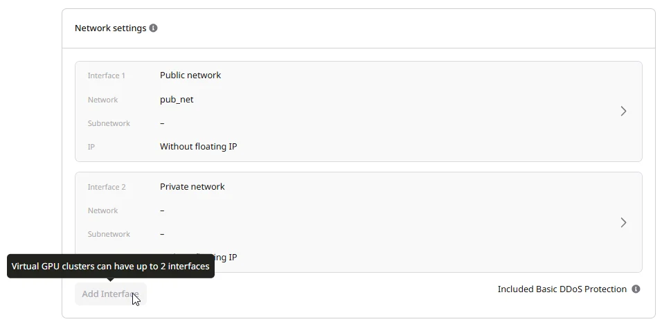 Network settings section with Public and Private interfaces configured