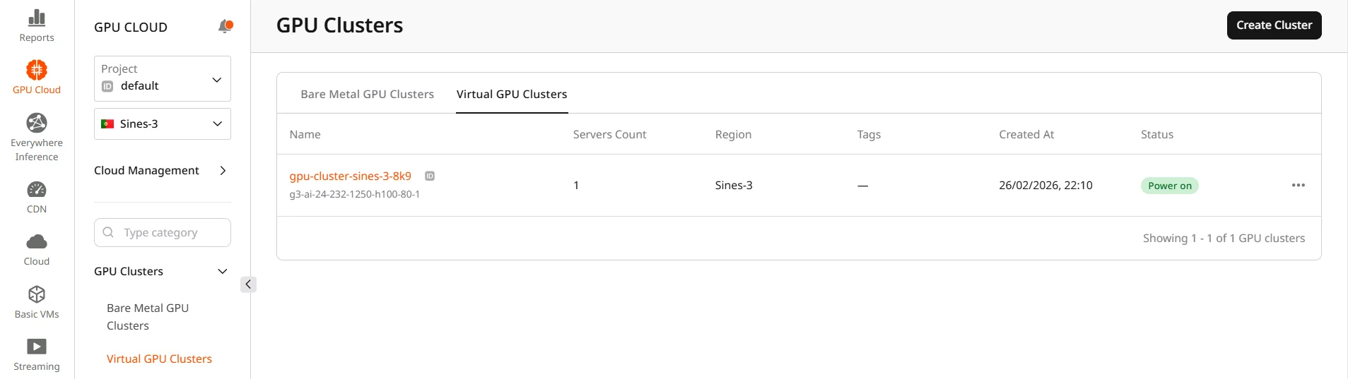 Virtual GPU Clusters page with cluster list and Create Cluster button
