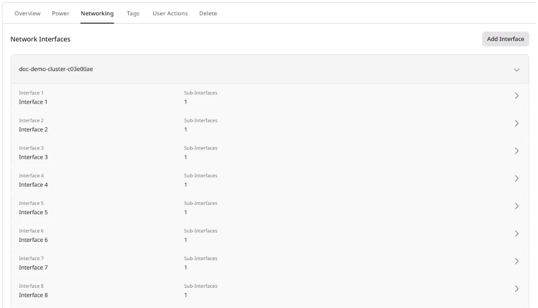 Networking tab showing node and interface list