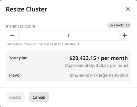 Resize cluster dialog with instance count controls