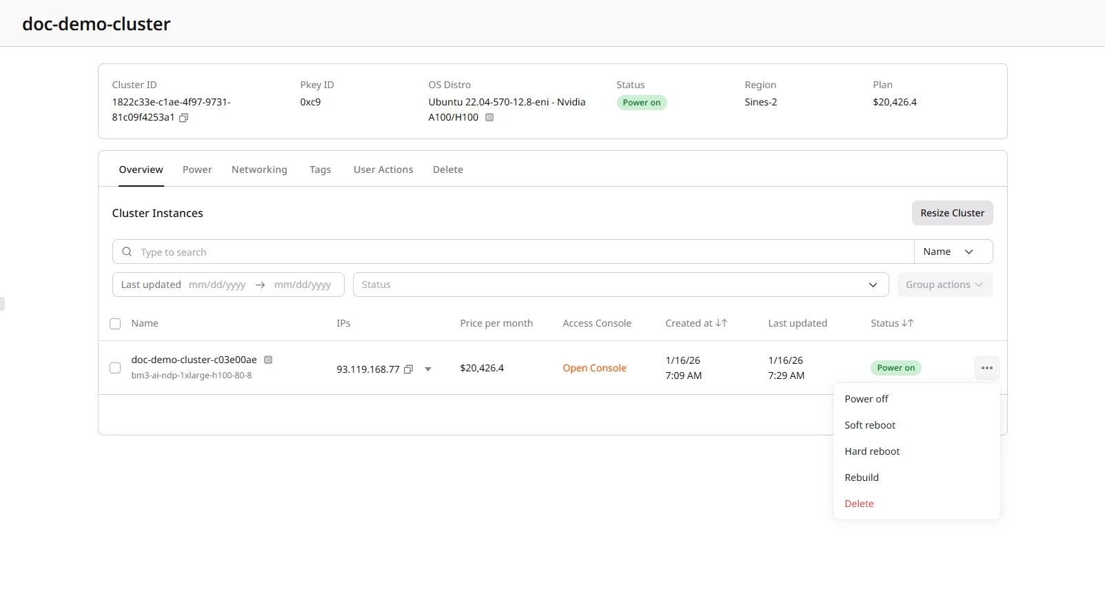 Node actions menu showing power and management options