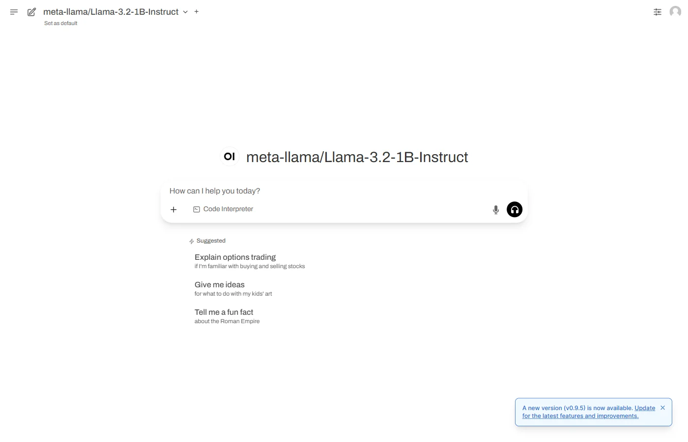 Open WebUI chat interface with model loaded