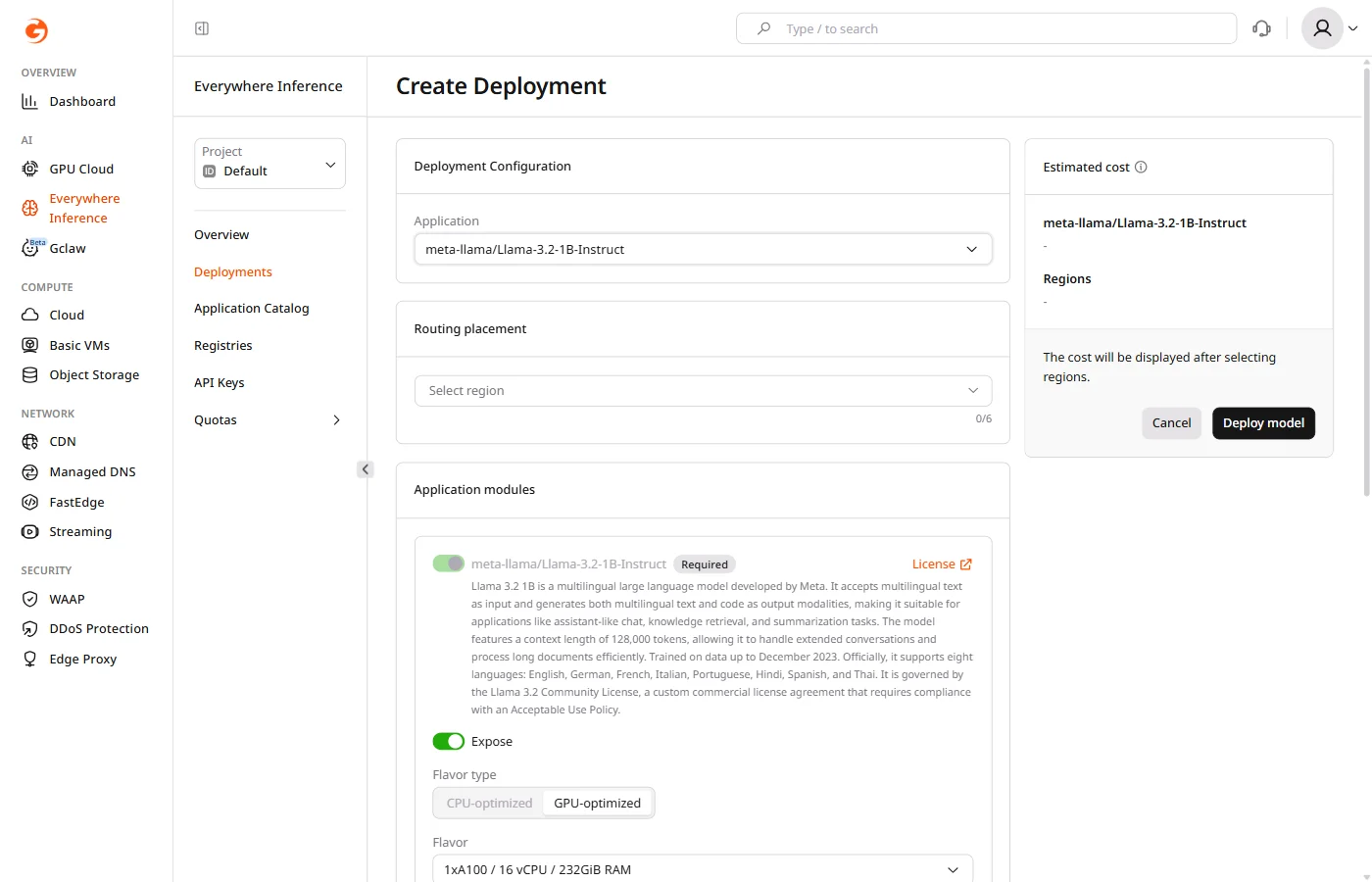 Create Deployment form — Deployment Configuration and Routing placement sections