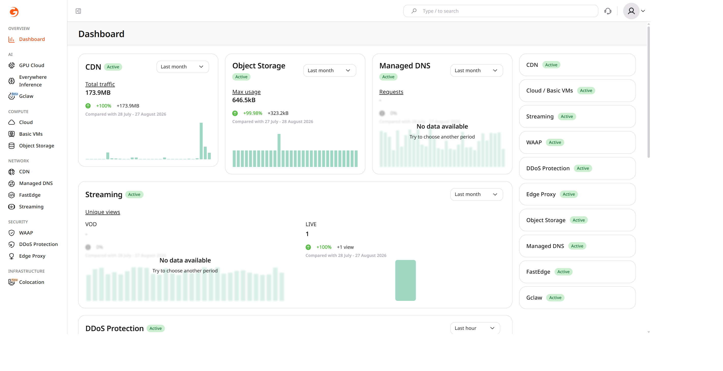 Dashboard with a status badge on each service