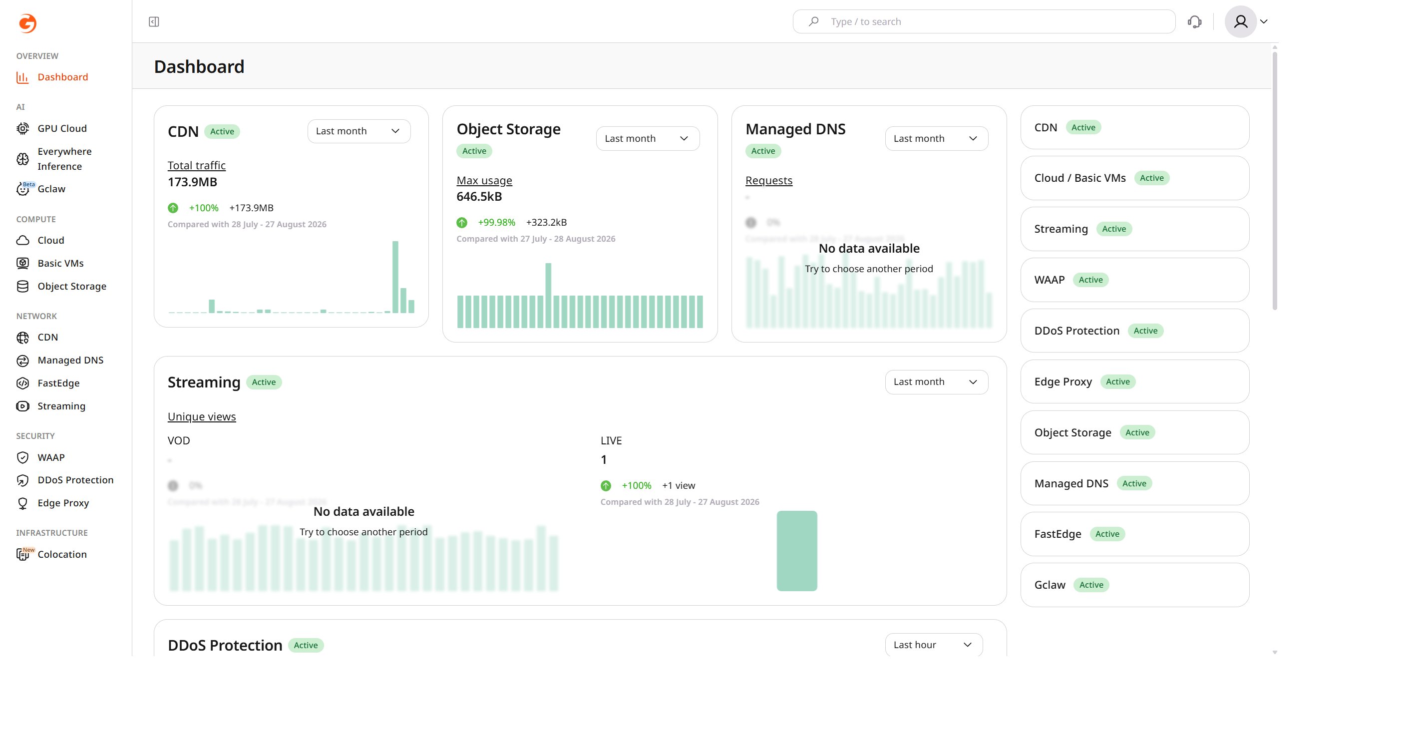 Dashboard with a status badge on each service