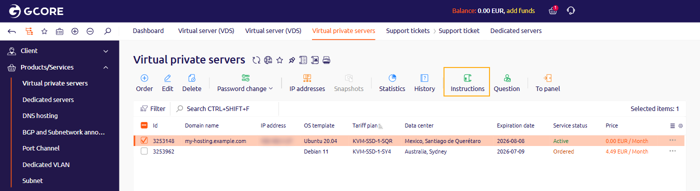 Virtual private servers list with a server selected and the Instructions button in the toolbar
