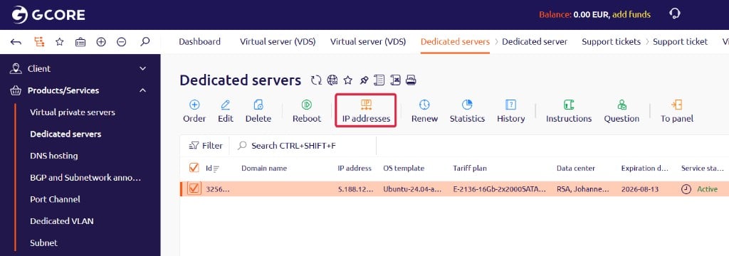 Dedicated servers list with the IP addresses button highlighted in the toolbar