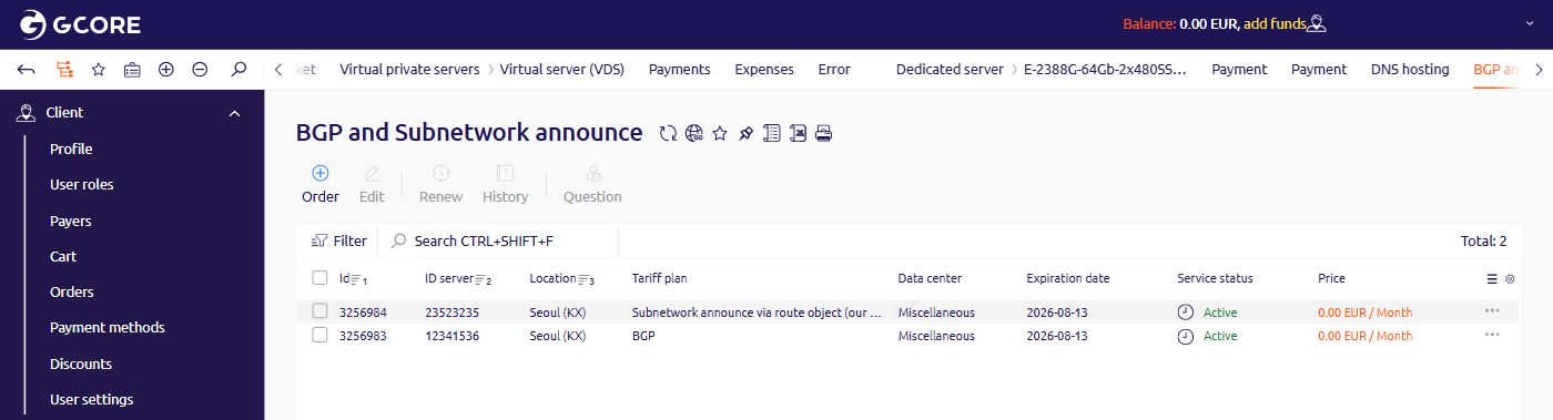 BGP and Subnetwork announce section in the left sidebar with the list of ordered services
