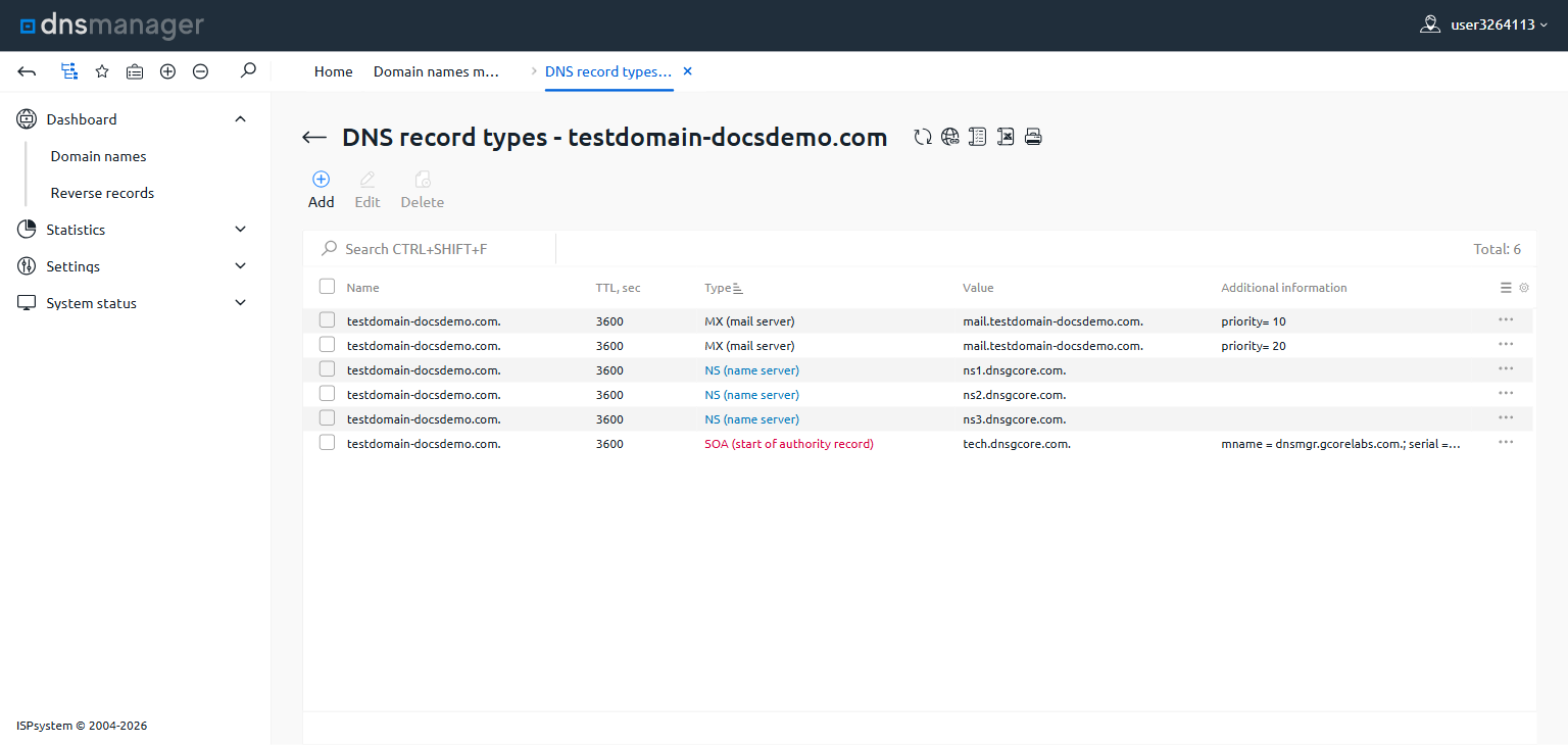 DNS records list with Add button