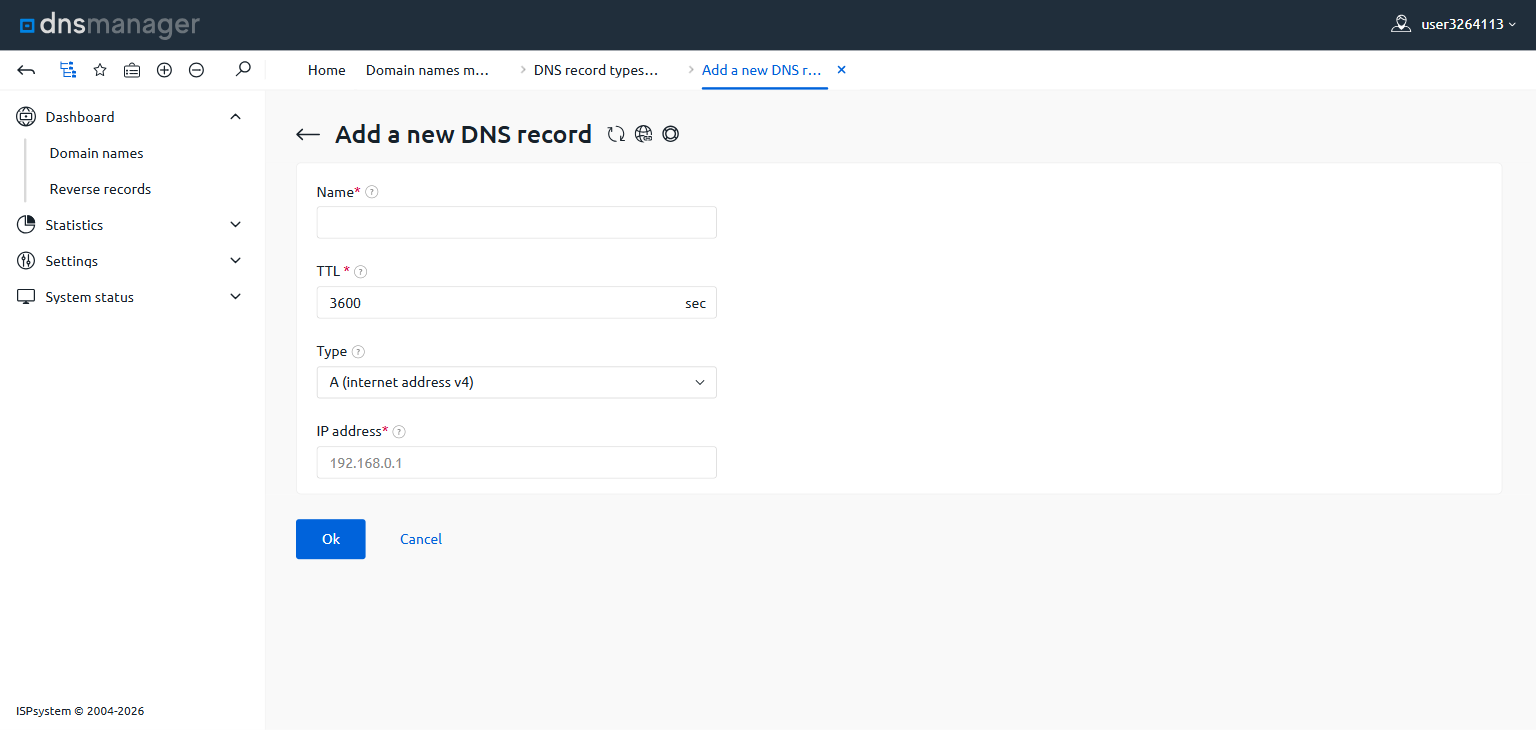 Add a new DNS record form