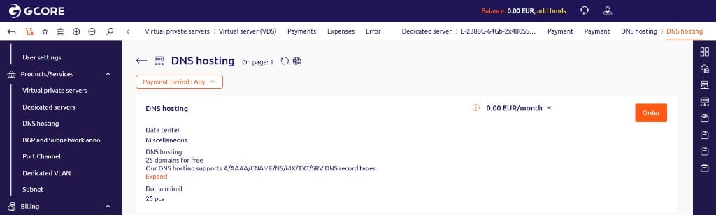 DNS hosting tariff selection page