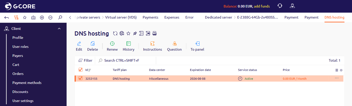 DNS hosting service section