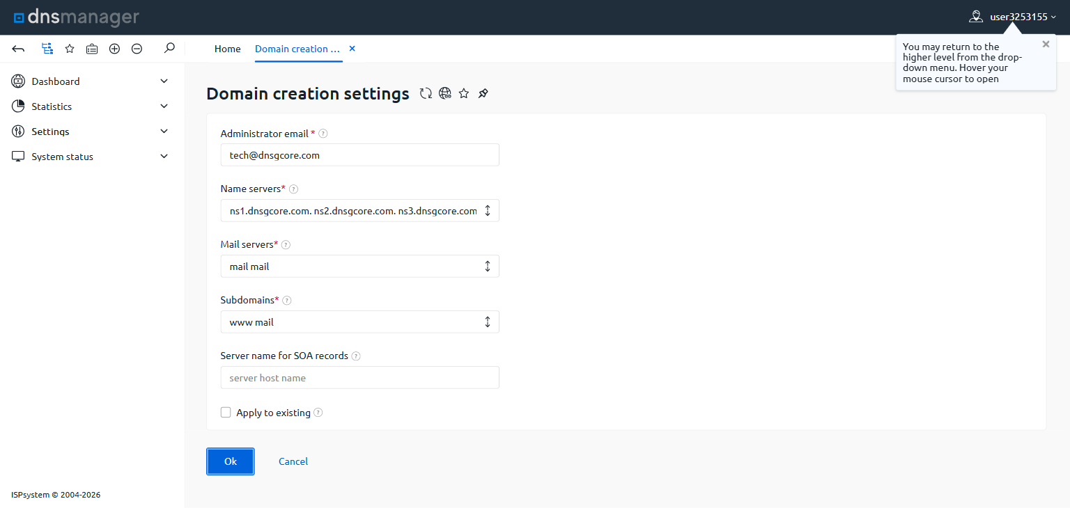Domain creation settings form