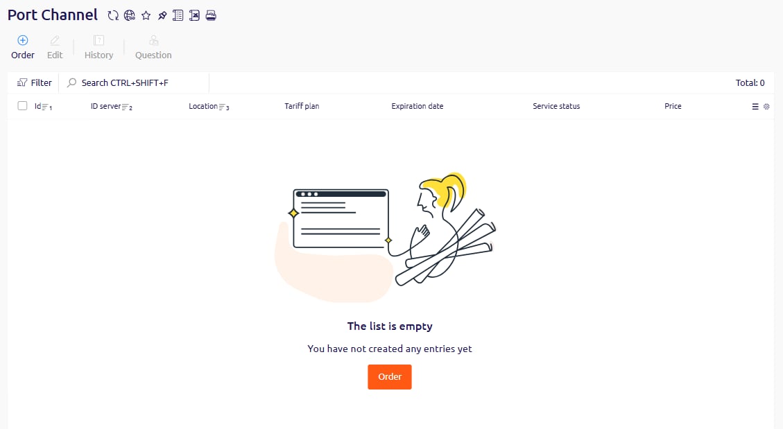 Port Channel section in the Hosting Portal with the Order button