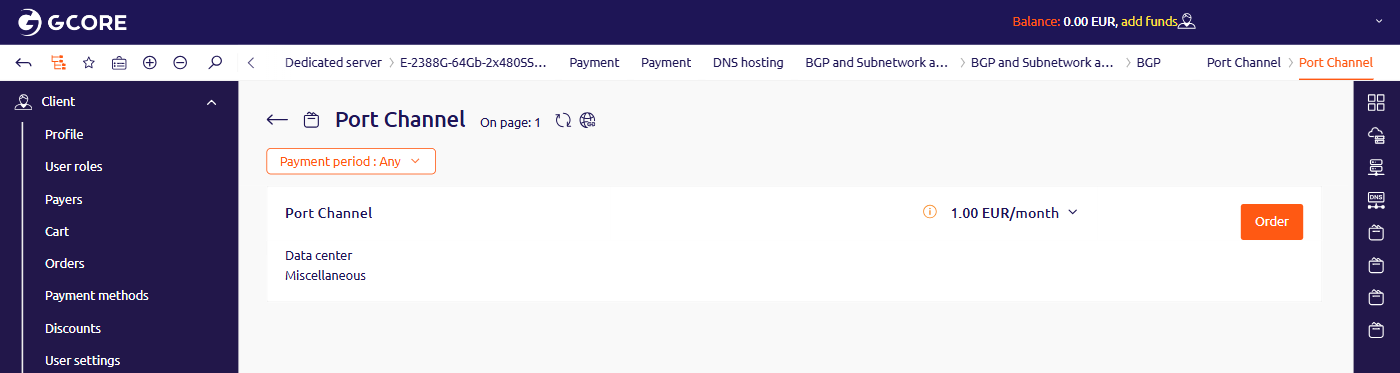 Port Channel order pricelist showing 1.00 EUR per month with Order button