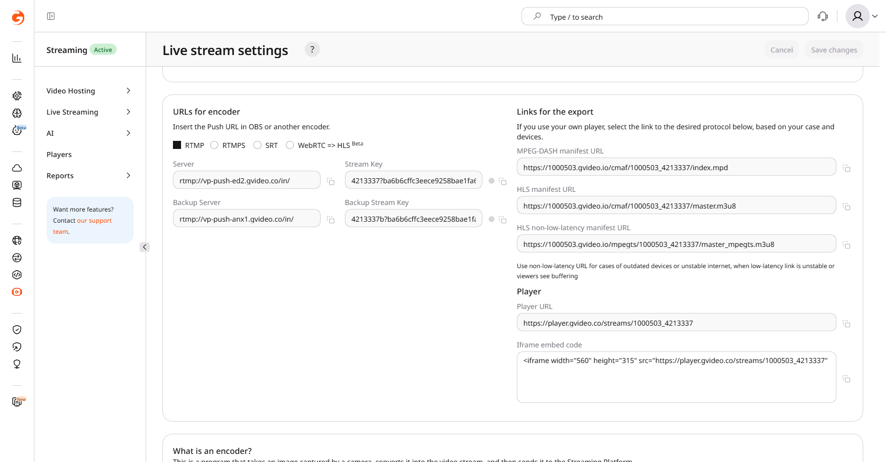 Live stream settings page showing the URLs for encoder section with Server and Stream Key fields