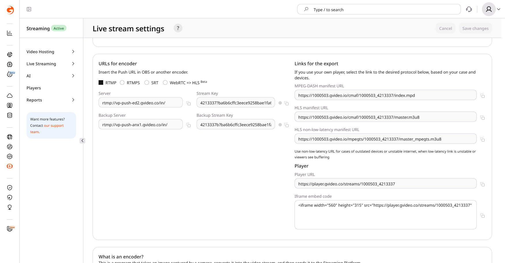 Live stream settings page showing the URLs for encoder section with Server and Stream Key fields