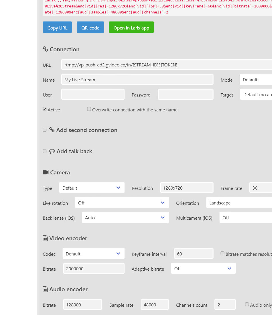 Larix Grove configuration form showing Connection, Camera, Video encoder, and Audio encoder sections with recommended values