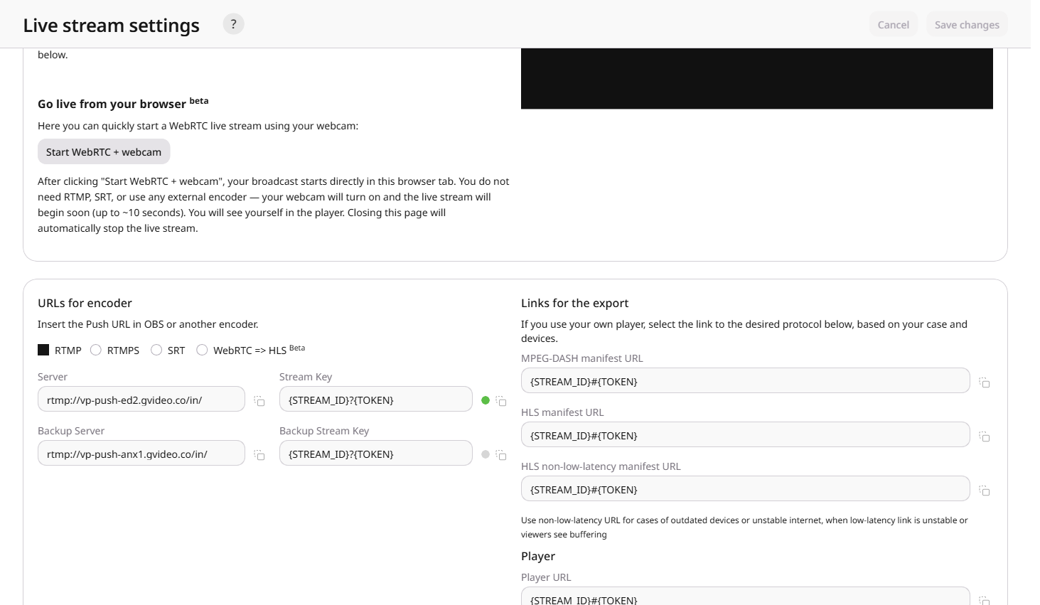 Live stream settings showing the URLs for encoder section with RTMP Server and Stream Key fields