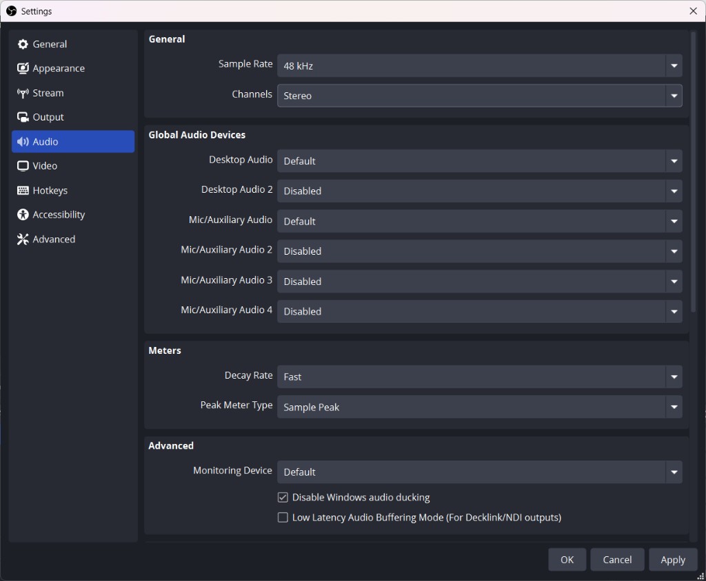 OBS Audio tab showing Sample Rate set to 48 kHz and Channels set to Stereo