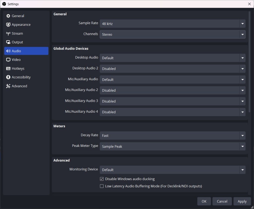 OBS Audio tab showing Sample Rate set to 48 kHz and Channels set to Stereo