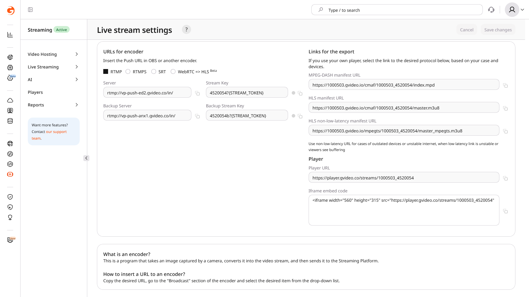 Live stream settings page showing the Links for the export section with the Iframe embed code field
