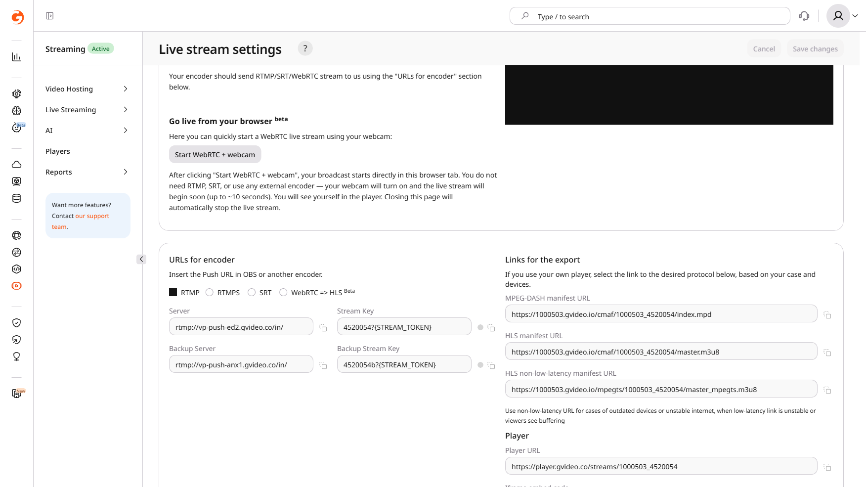 Live stream settings page showing the URLs for encoder section with Server and Stream Key fields