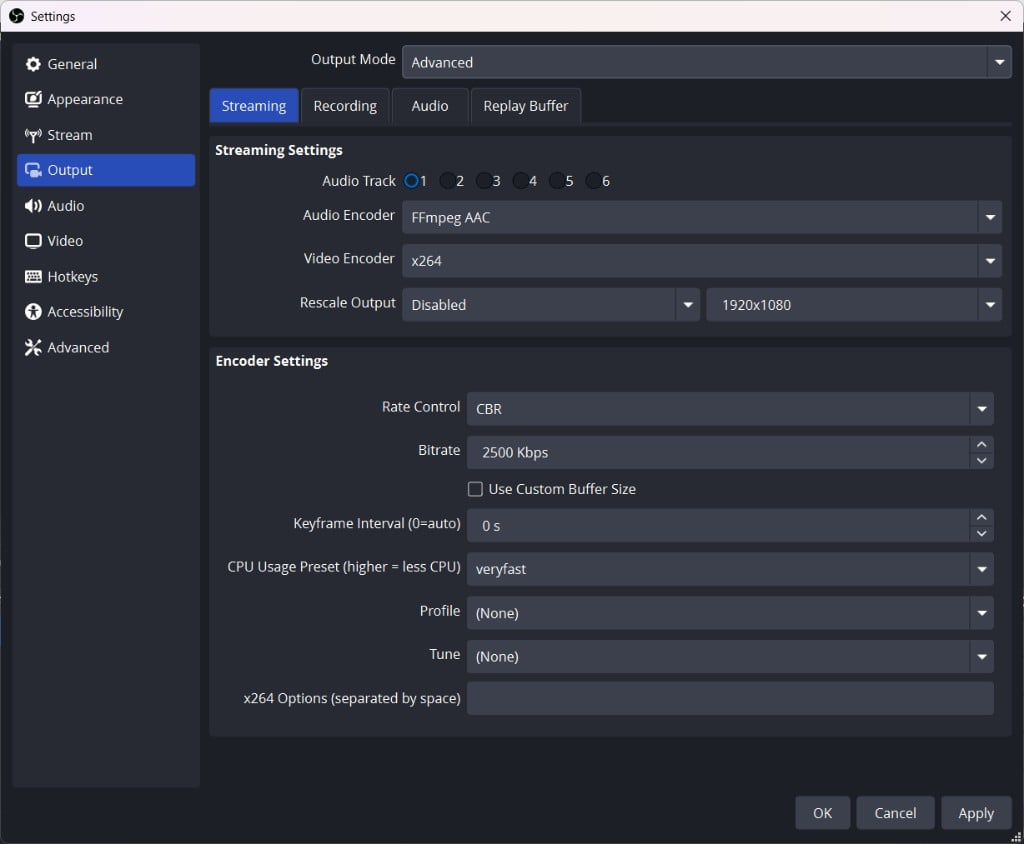 OBS Output tab in Advanced mode showing Rate Control, Keyframe Interval, and Profile fields