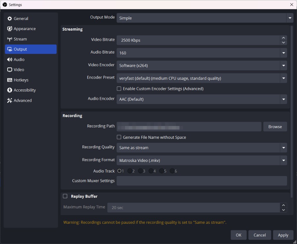 OBS Output tab in Simple mode showing Video Bitrate, Audio Bitrate, Video Encoder, and Encoder Preset fields