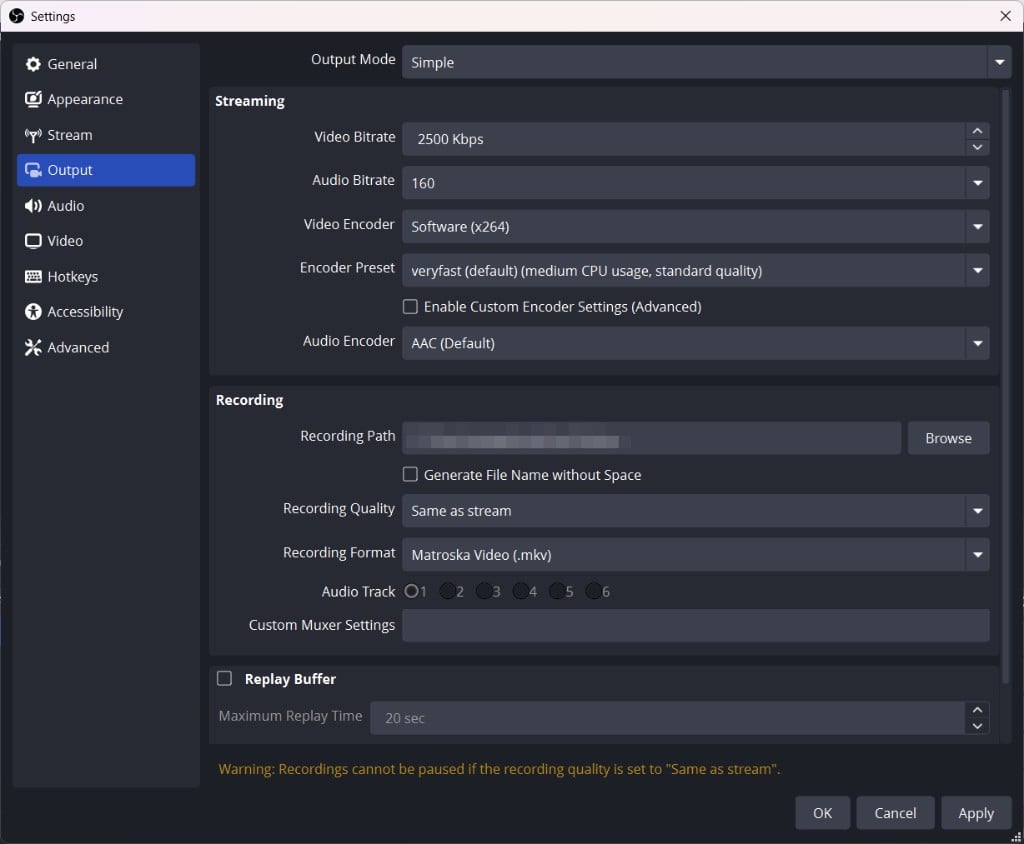 OBS Output tab in Simple mode showing Video Bitrate, Audio Bitrate, Video Encoder, and Encoder Preset fields