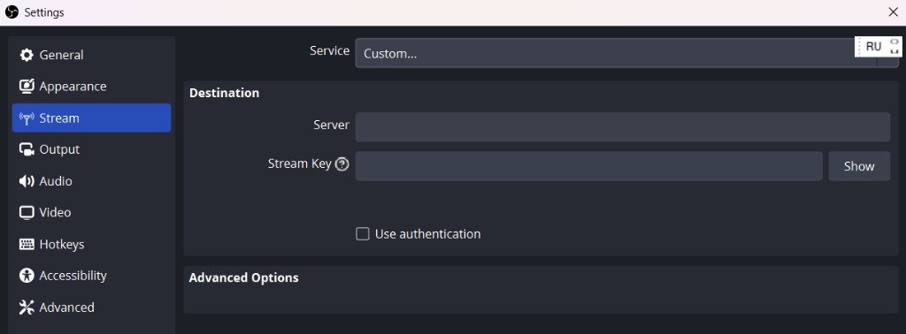 OBS Stream tab showing the Service dropdown set to Custom... and the Server and Stream Key fields