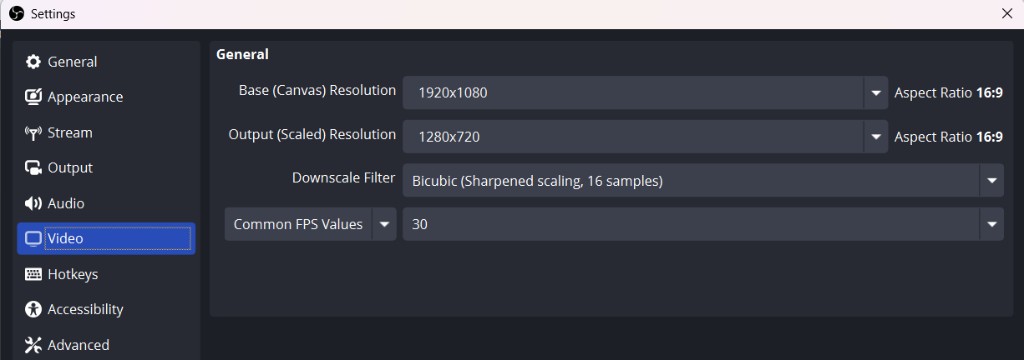 OBS Video tab showing Output (Scaled) Resolution, Downscale Filter, and Common FPS Values fields