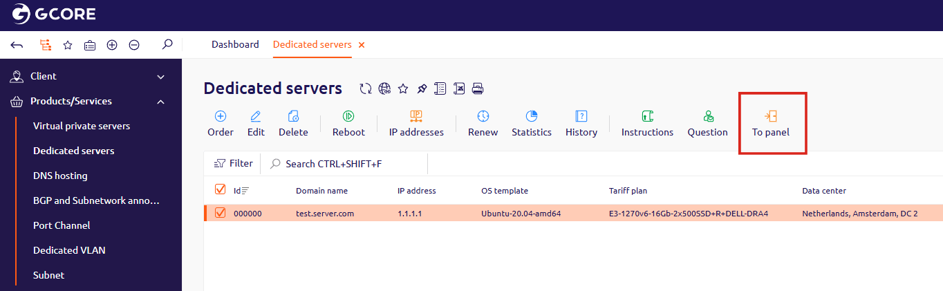 Dedicated servers list with the To panel button highlighted