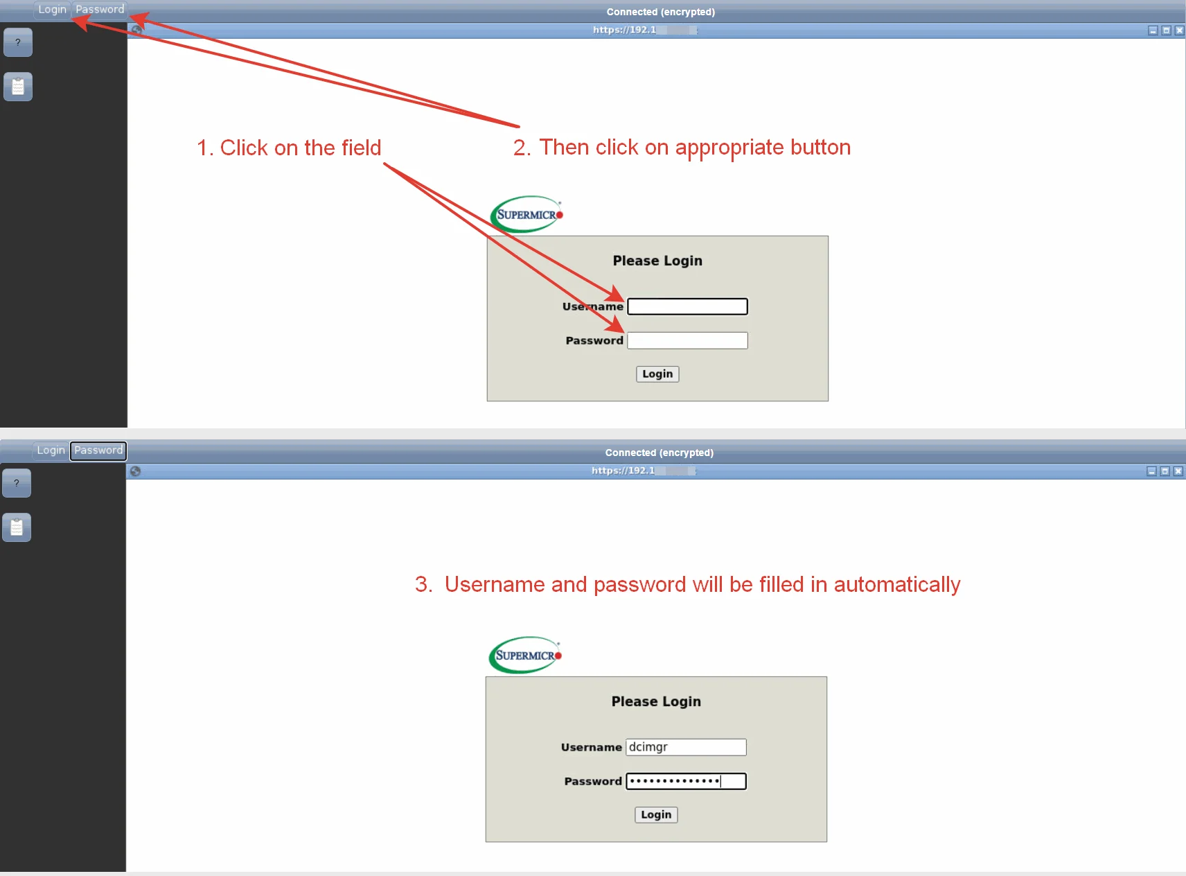 login and password in DCImanager