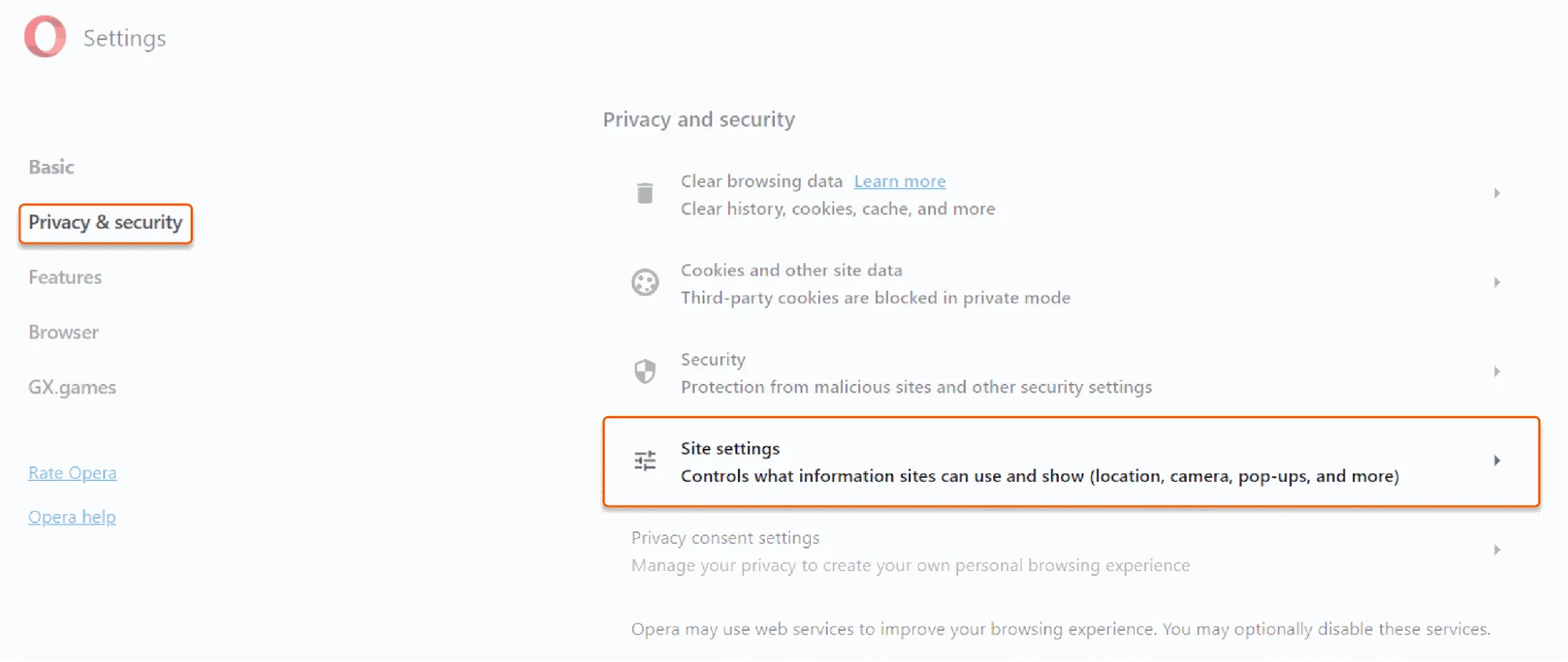 Opera browser settings